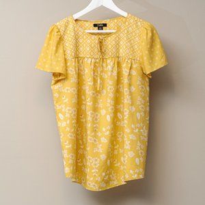 *2 for $20* Dalia Yellow Floral Blouse with Keyhole Tie - Medium (Oversized)